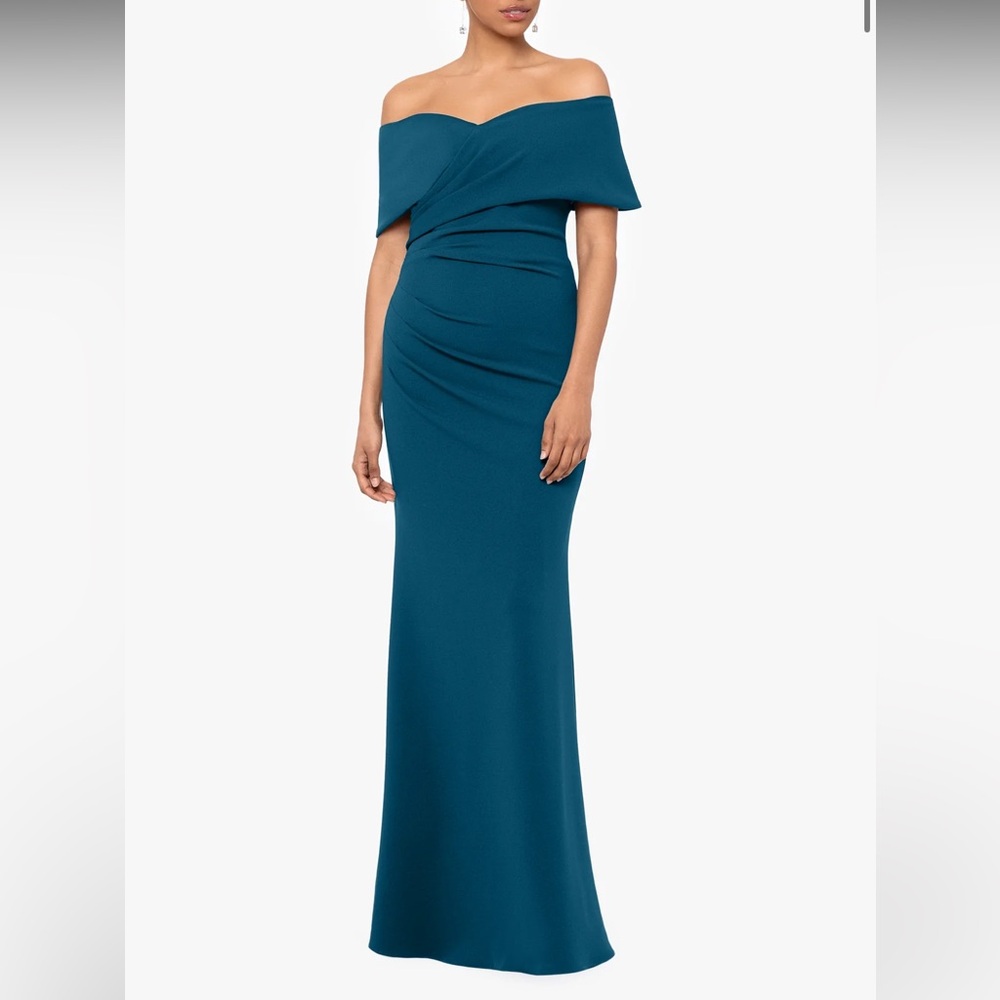 Betsy & Adam TANYA LONG OFF THE SHOULDER SCUBA CREPE DRESS TEAL